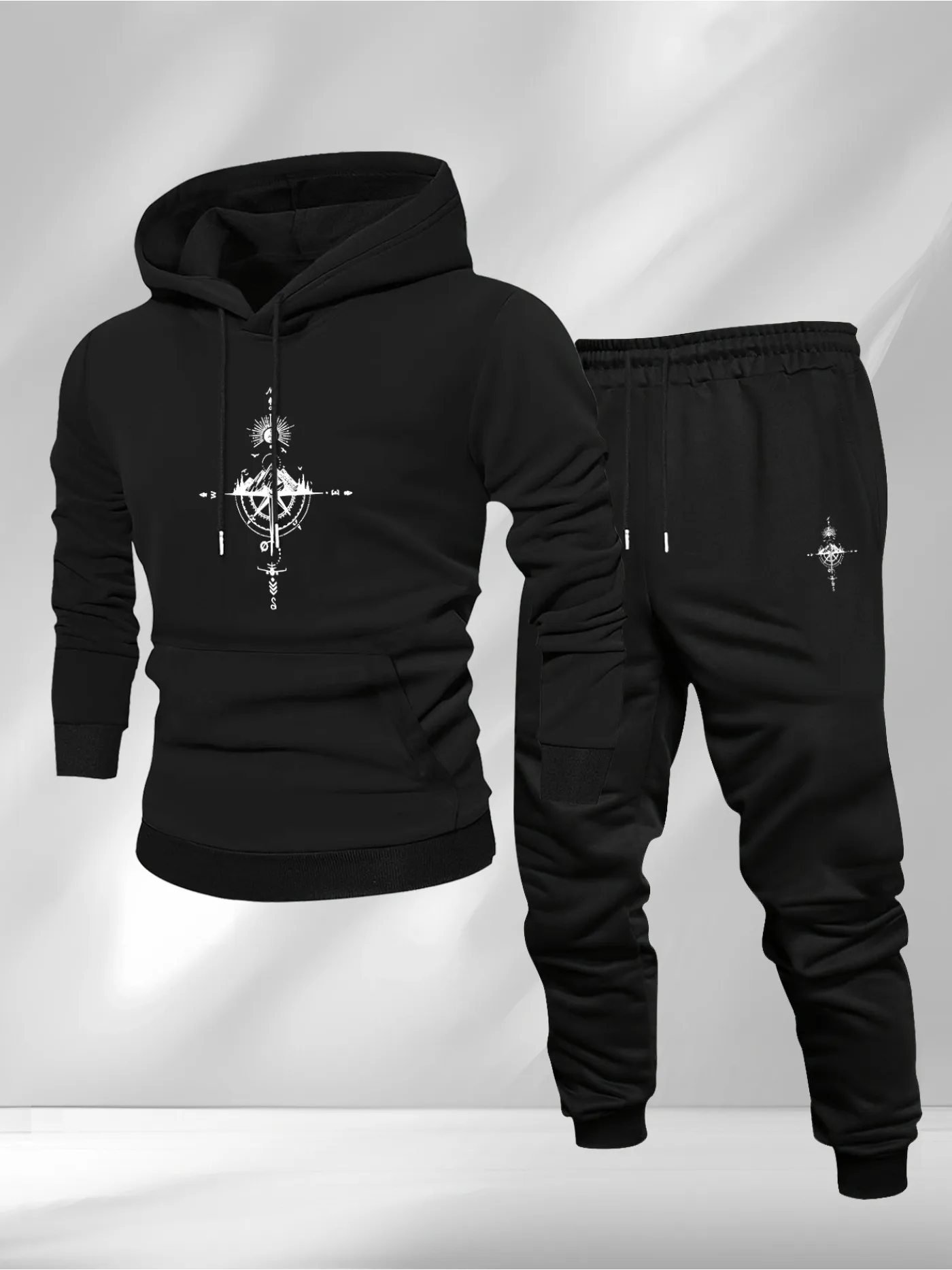 Mens Fashion Urban - Vintage Compass Print Hoodie and Sweatpants