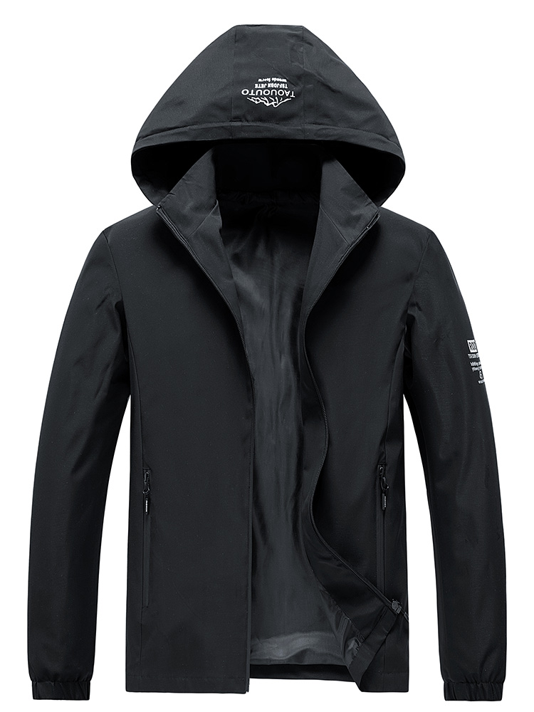 Windbreaker Men Zip - Men Hooded Windbreaker Jacket Black Zip‑Up