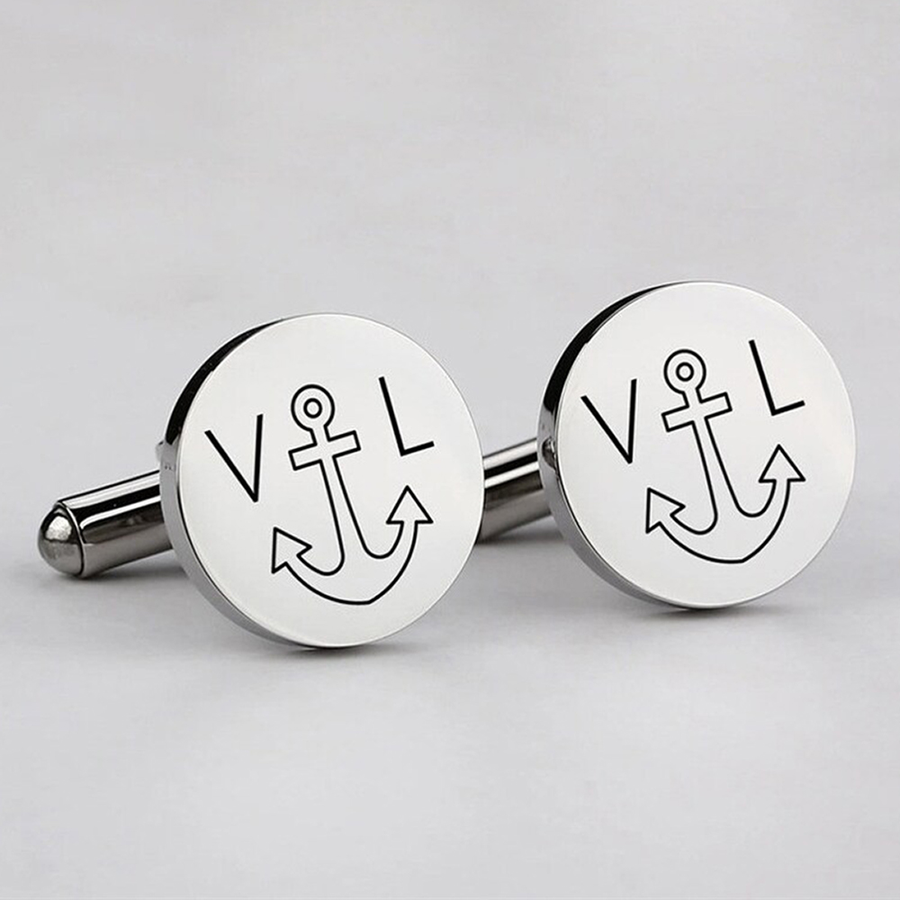 Mens Fashion Dress Shirts - Men Custom Round Engraved Cufflinks Stainless